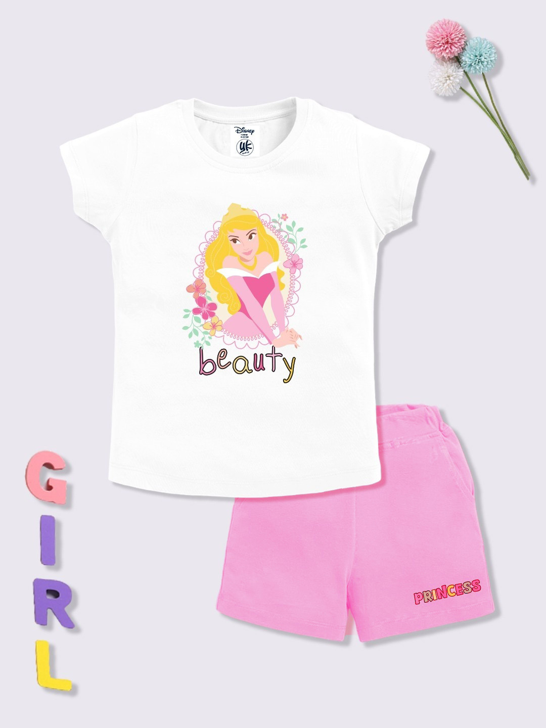 YK Disney Girls Aurora Printed Pure Cotton T-shirt with Shorts