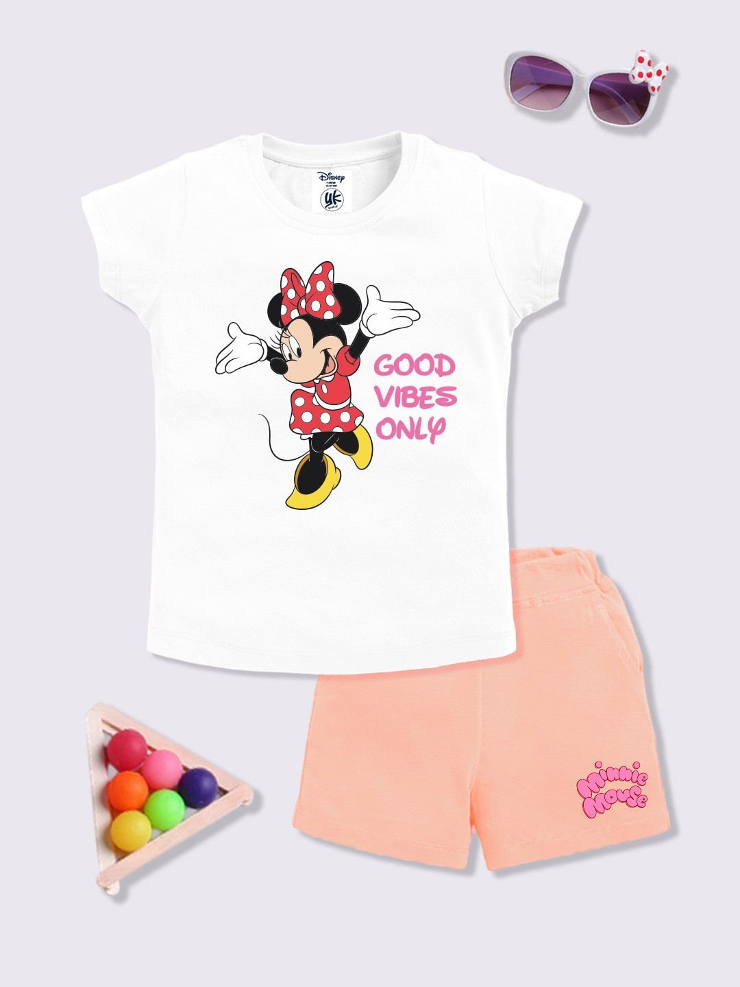 YK Disney Girls Minnie Printed Pure Cotton T-shirt with Shorts