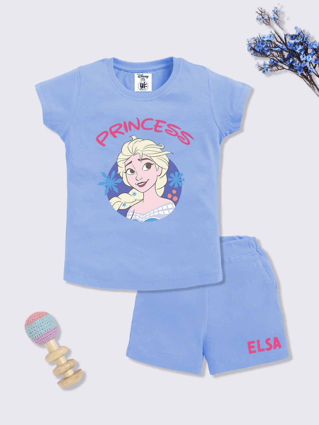 YK Disney Girls Elsa Printed Pure Cotton T-shirt with Shorts