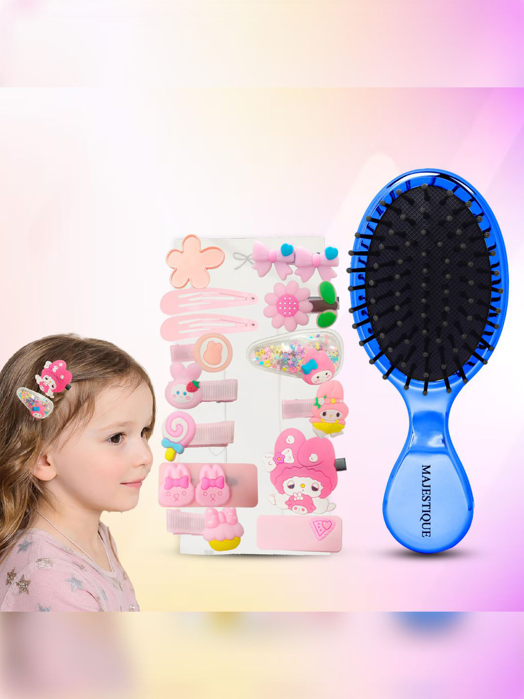 MAJESTIQUE Mini Paddle Detangling Brush & Cute Hair Clips For Hair Styling