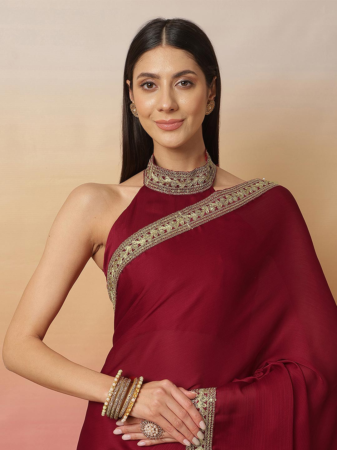 Sangrian Sequinned Satin Saree with Blouse Piece