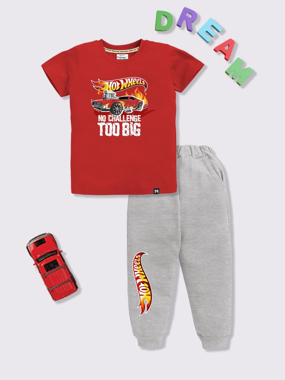 YK X Minute Mirth Boys Hot Wheels Printed Pure Cotton T-shirt With Joggers