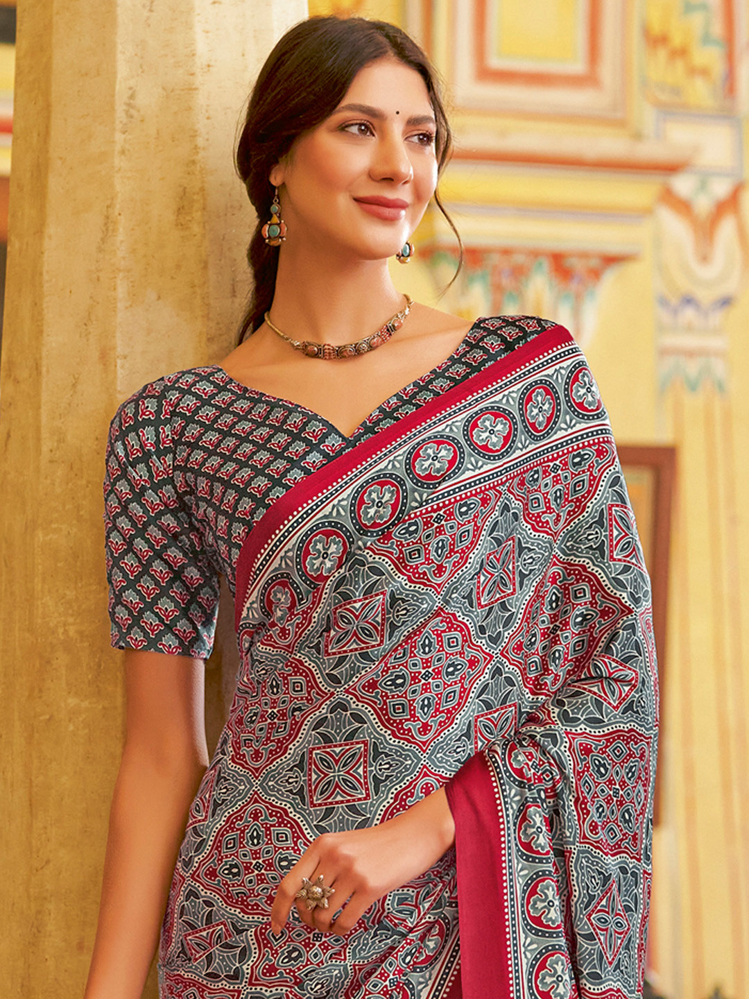 All About You modal Ajrak Block Pure Crepe Bagru Saree with Blouse Piece