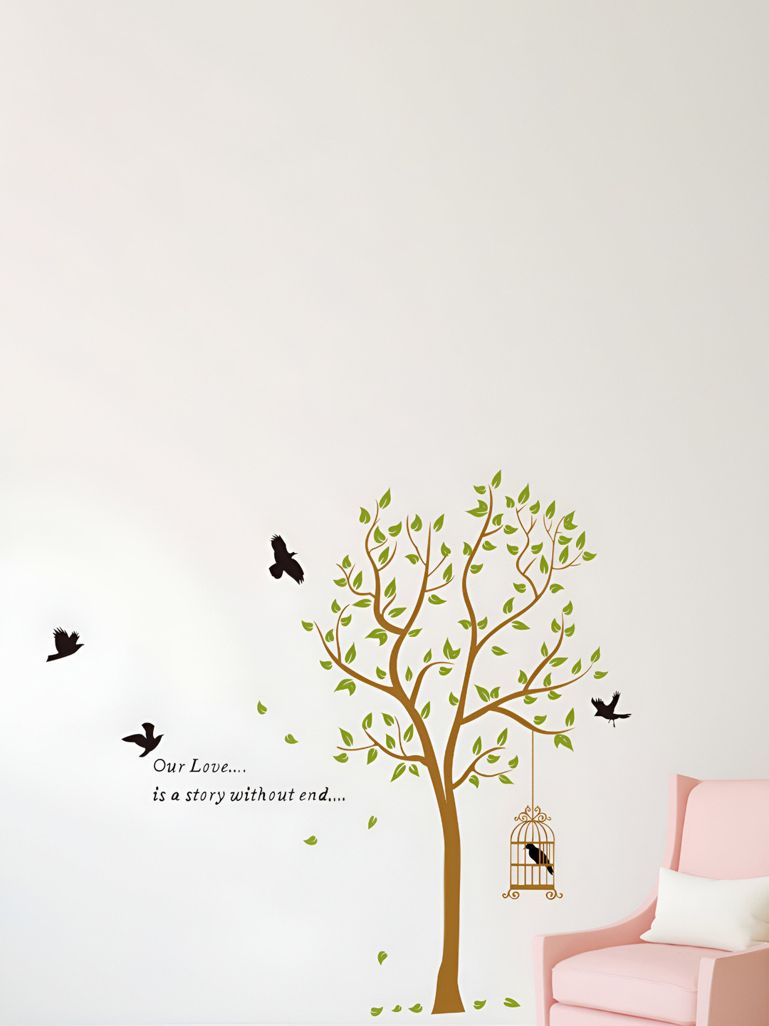 LANSTICK Brown & Green Tree With Birds One Cage Self Adhesive Wall Sticker
