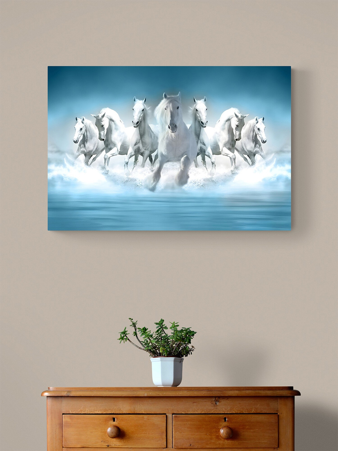 Tushaco Handicrafts Seven Horse Stretched Canvas Vastu Painting