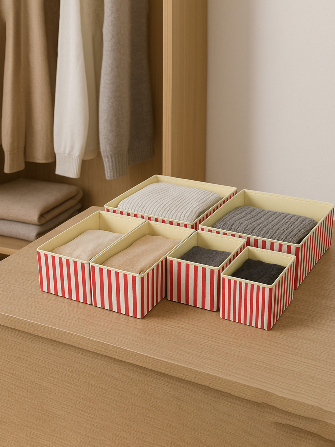 Myntra Elegant Homes Cream And Red 6 Pieces Striped Wardrobe Multi-Utility Organisers