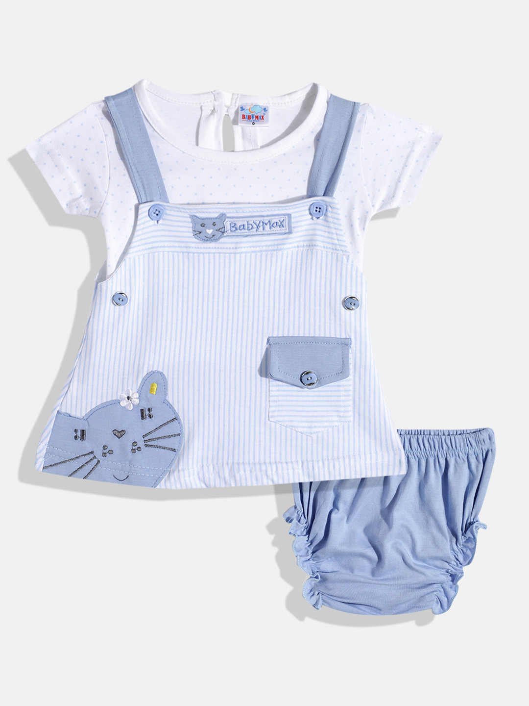 BABYMAX Infant Girls Striped Pure Cotton Pinafore Dress With Bloomers & T-shirt