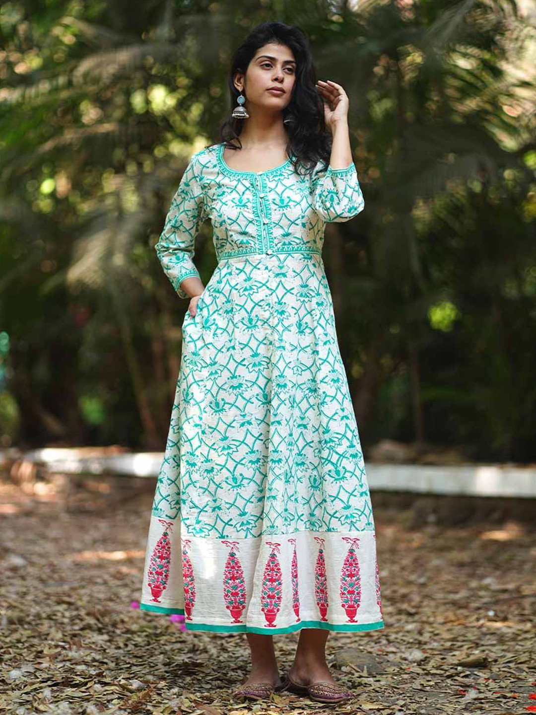 Chidiyaa MMG Chamomiles Calm Teal Green Block Printed Cotton Dress
