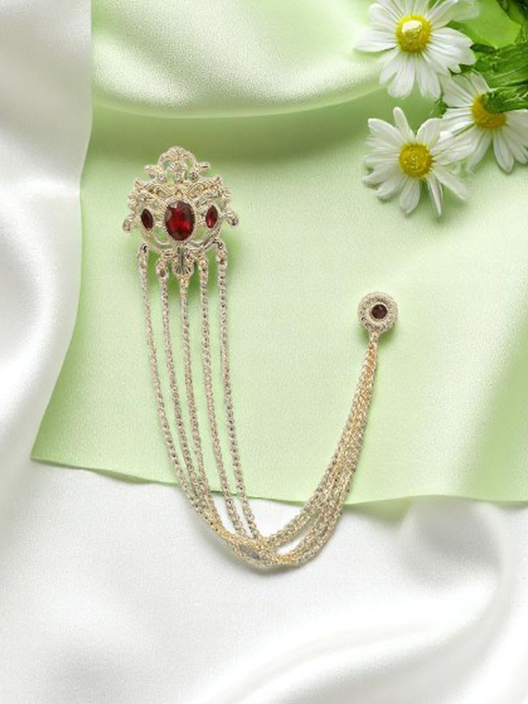 ADORN Men Rhinestone Floral 5 Layer Glittering Rhinestone Studded Chain Brooch