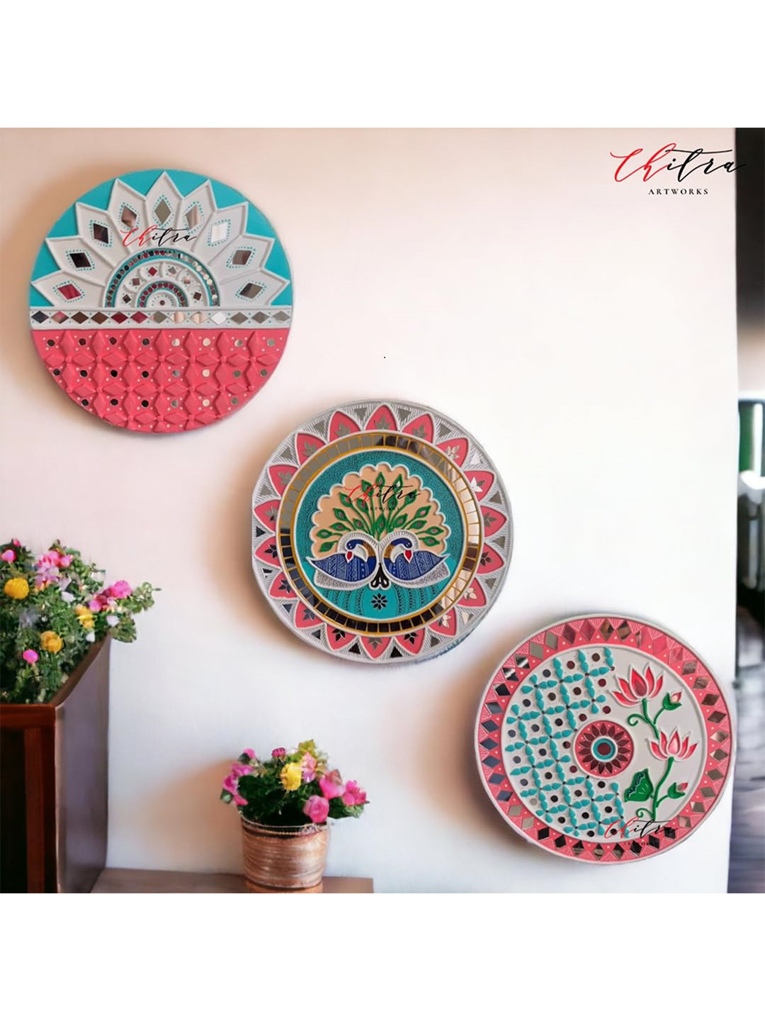 Chitra Artworks Mud Mirror Wood Floral Glossy Hanging Hall 3Pcs Wall Plates-12In
