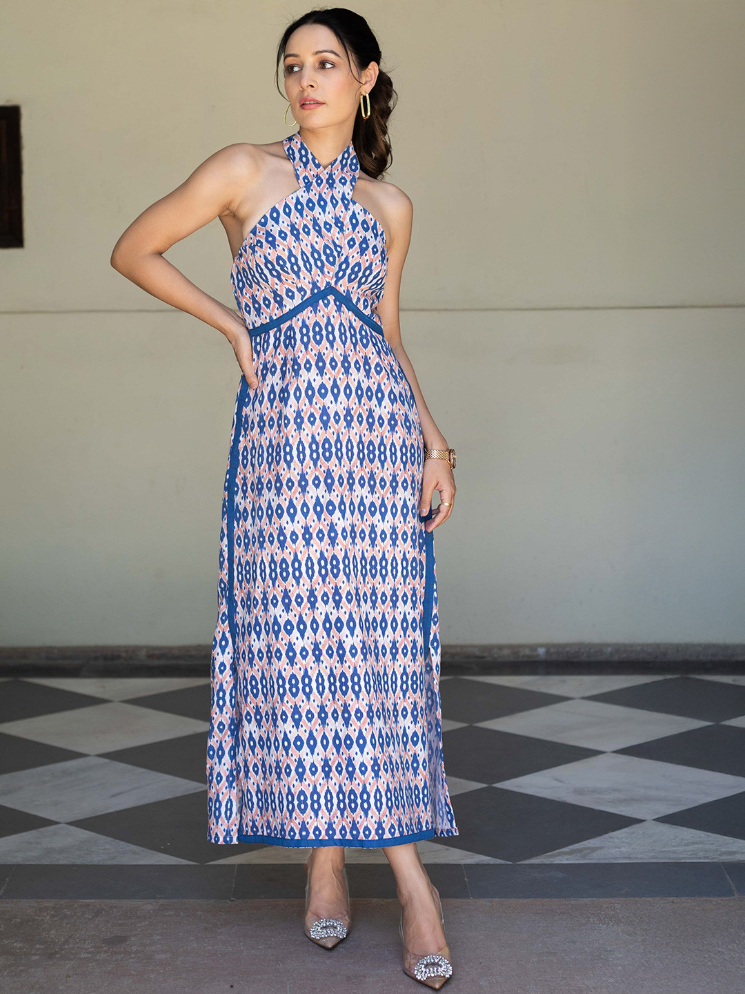 Anasi Clothing Women Ethnic Motifs Printed Halter Neck Linen Shift Maxi Dress