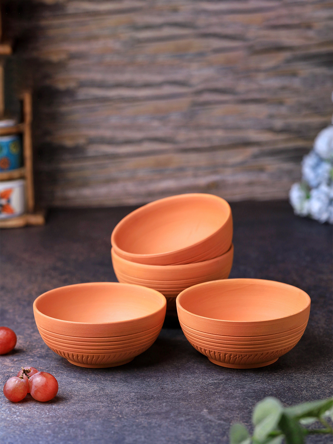 The handicraftian Brown 4 Pieces Terracotta Microwave Safe Dip Bowl