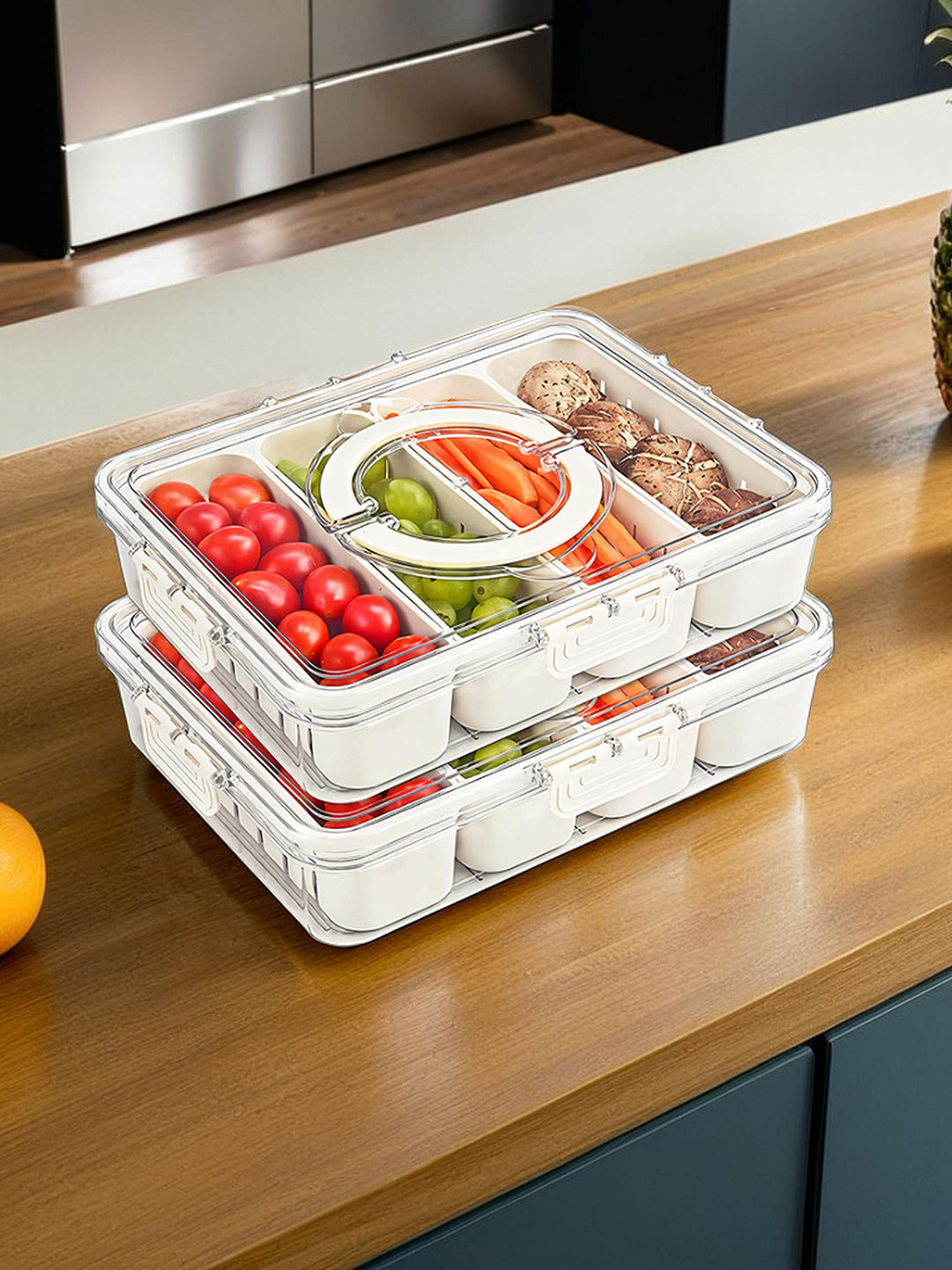 Kuber Industries 2 Pcs Transparent Plastic Fridge Storage Containers with 4 Removable Box