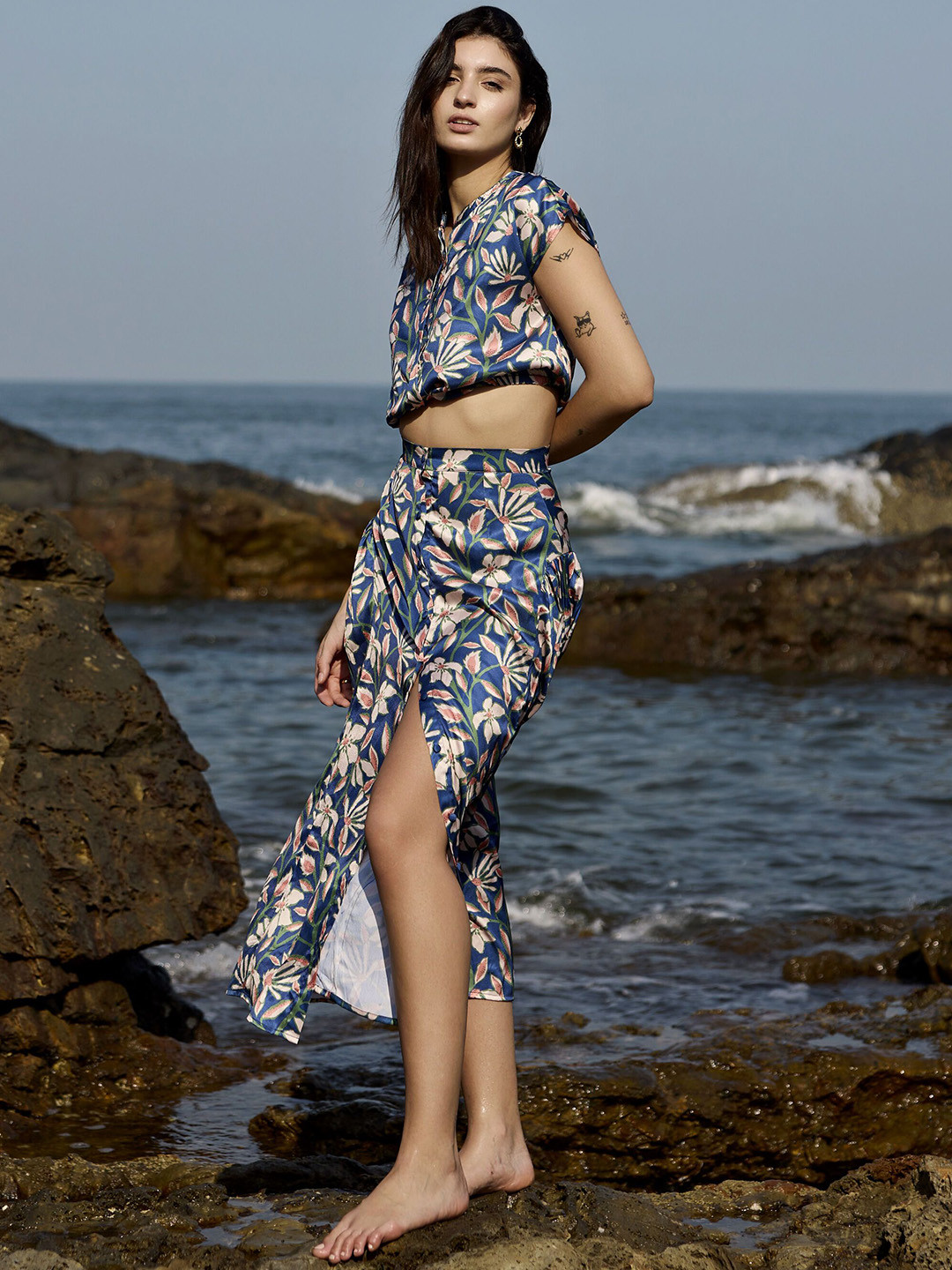 Anasi Clothing Printed Mandarin Collar Neck Top With Skirt Co-Ords