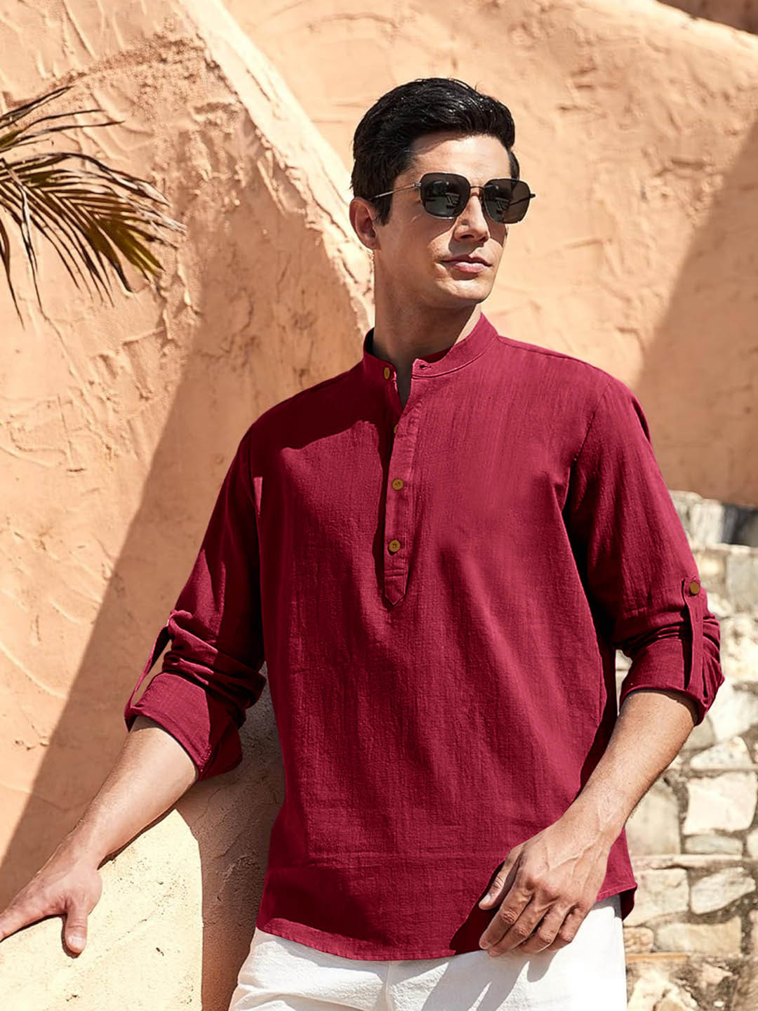 Zombom Cotton Mandarin Collar Straight Short Kurta