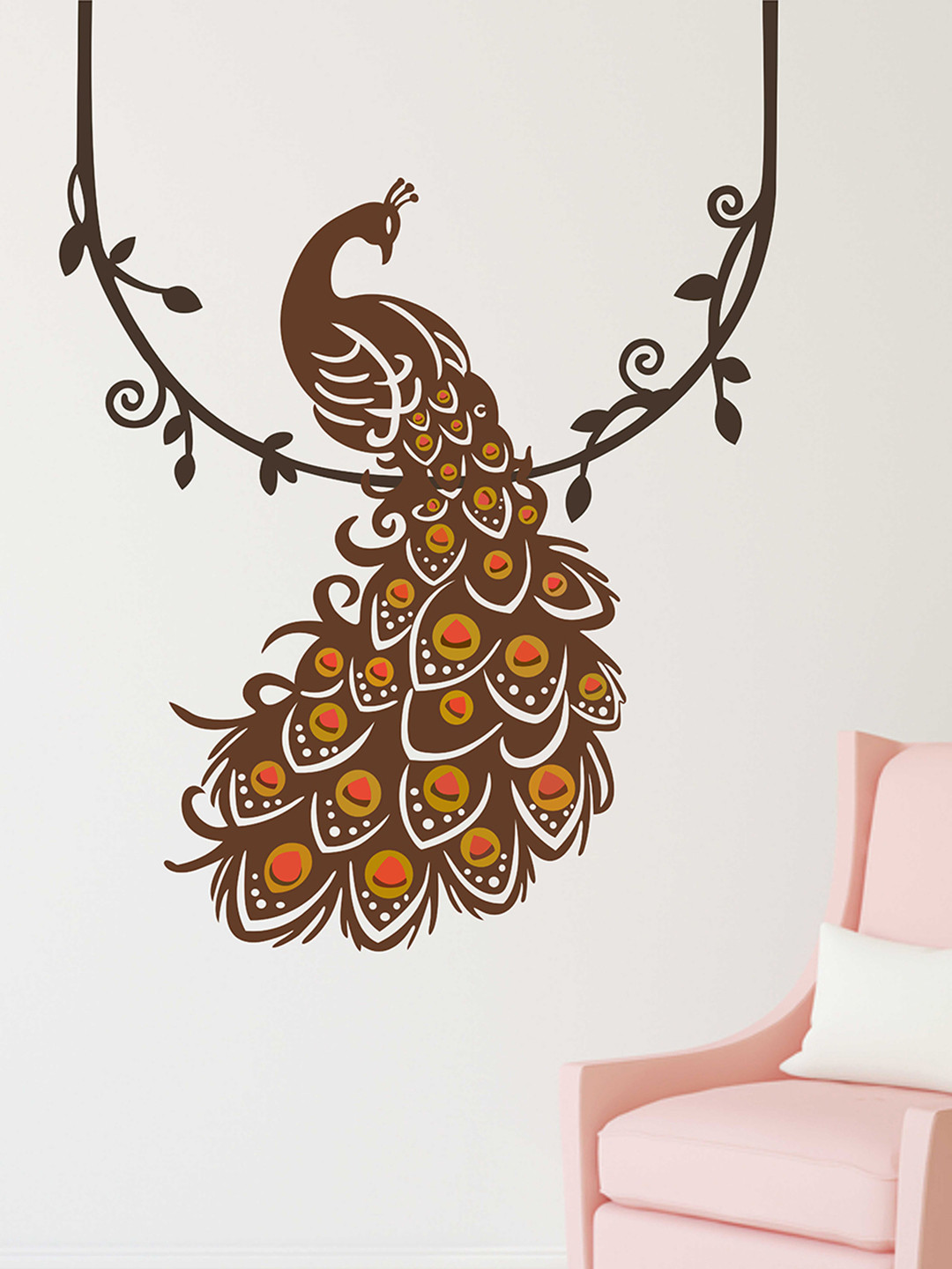 LANSTICK Brown & Mustard Peacock Printed Self-Adhesive WallStickers