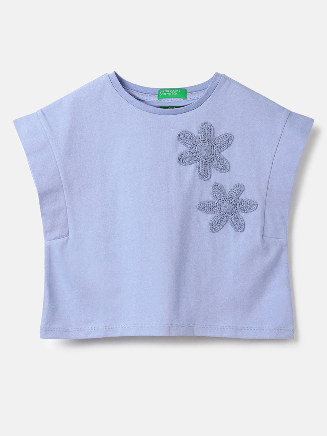 United Colors of Benetton Girls Crochet Flower Applique Pure Cotton Boxy T-shirt