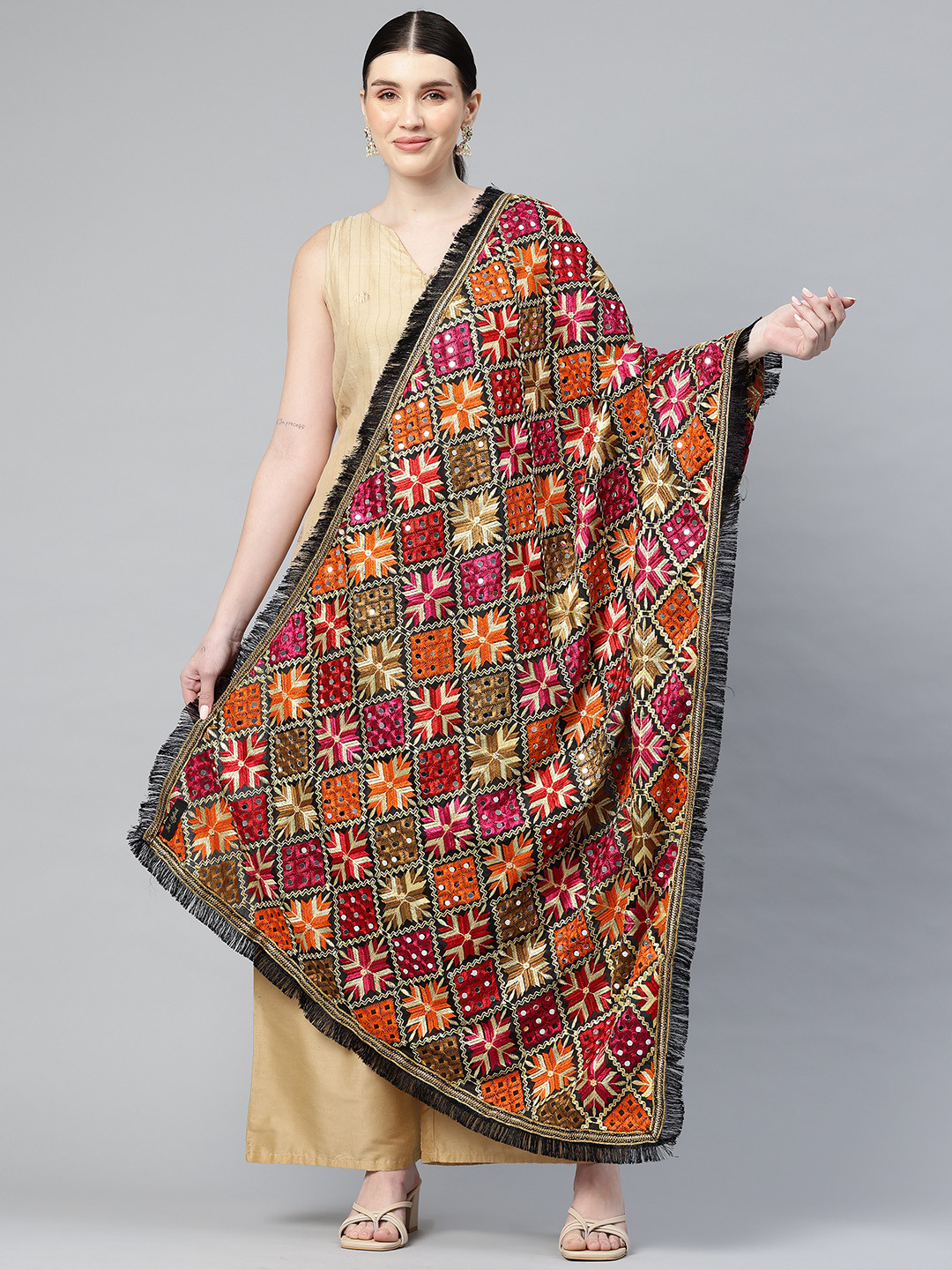 SWI Stylish Ethnic Motifs Embroidered Phulkari Chiffon Dupatta with Mirror Work