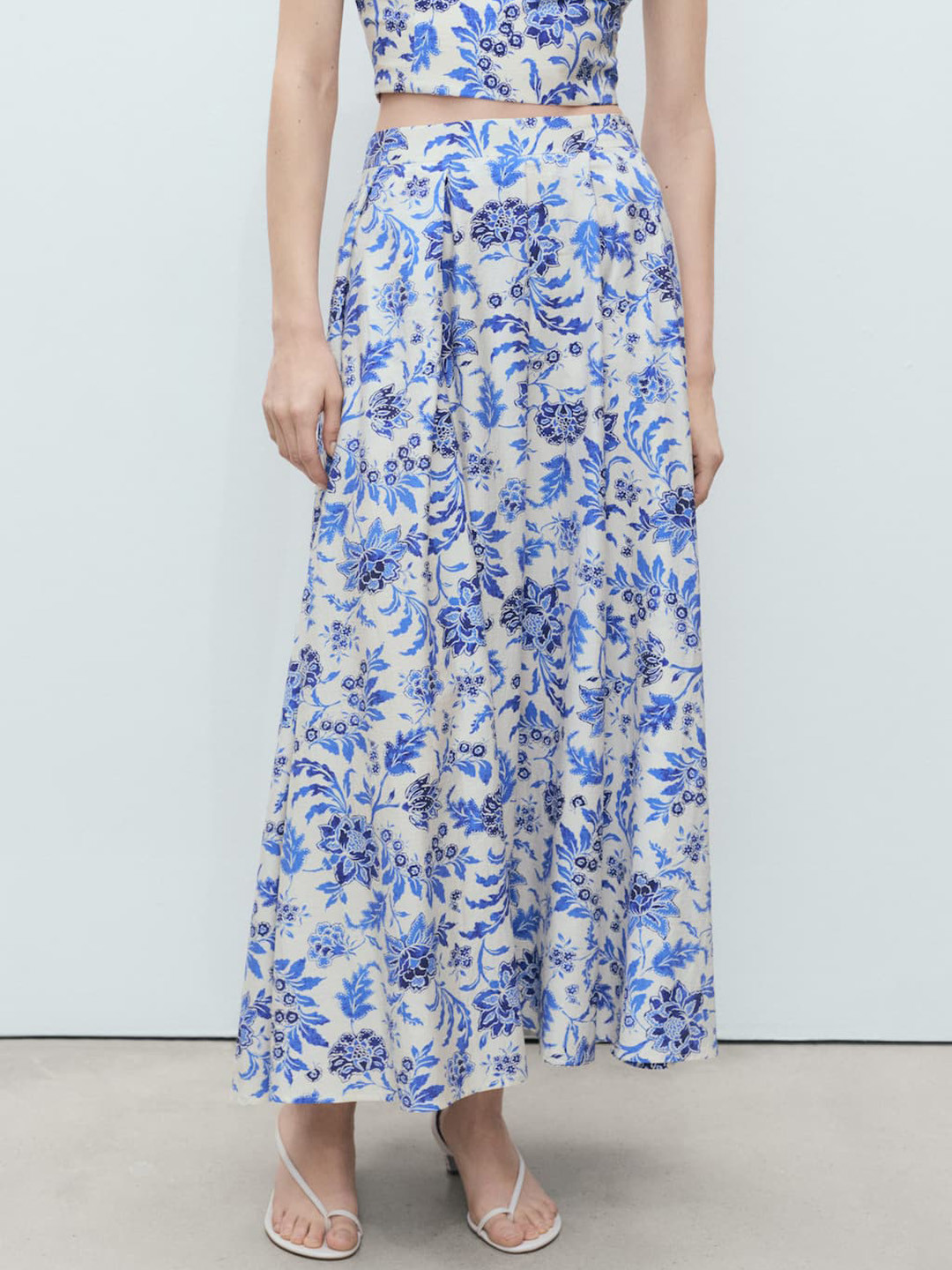 MANGO Floral Print Mid-Rise Pleated Detail Maxi Flared Skirt