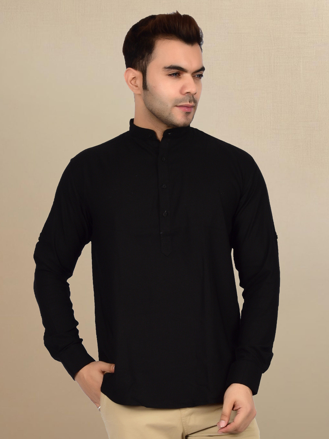Heed Attentive Men Black Modern Regular Fit Party Short Kurta Shirt