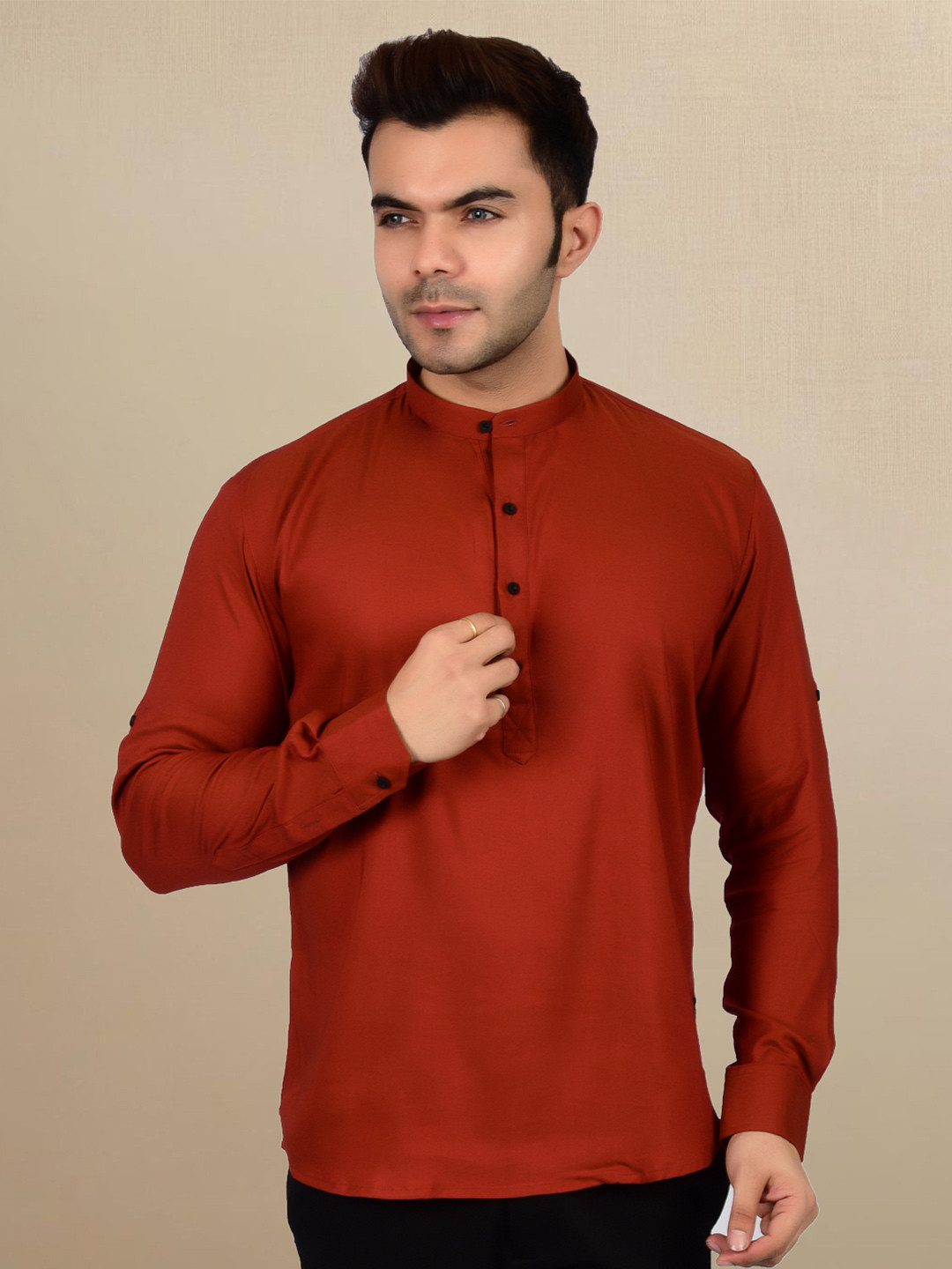 Heed Attentive Men Modern Regular Fit Rust Partywear Kurta Shirt