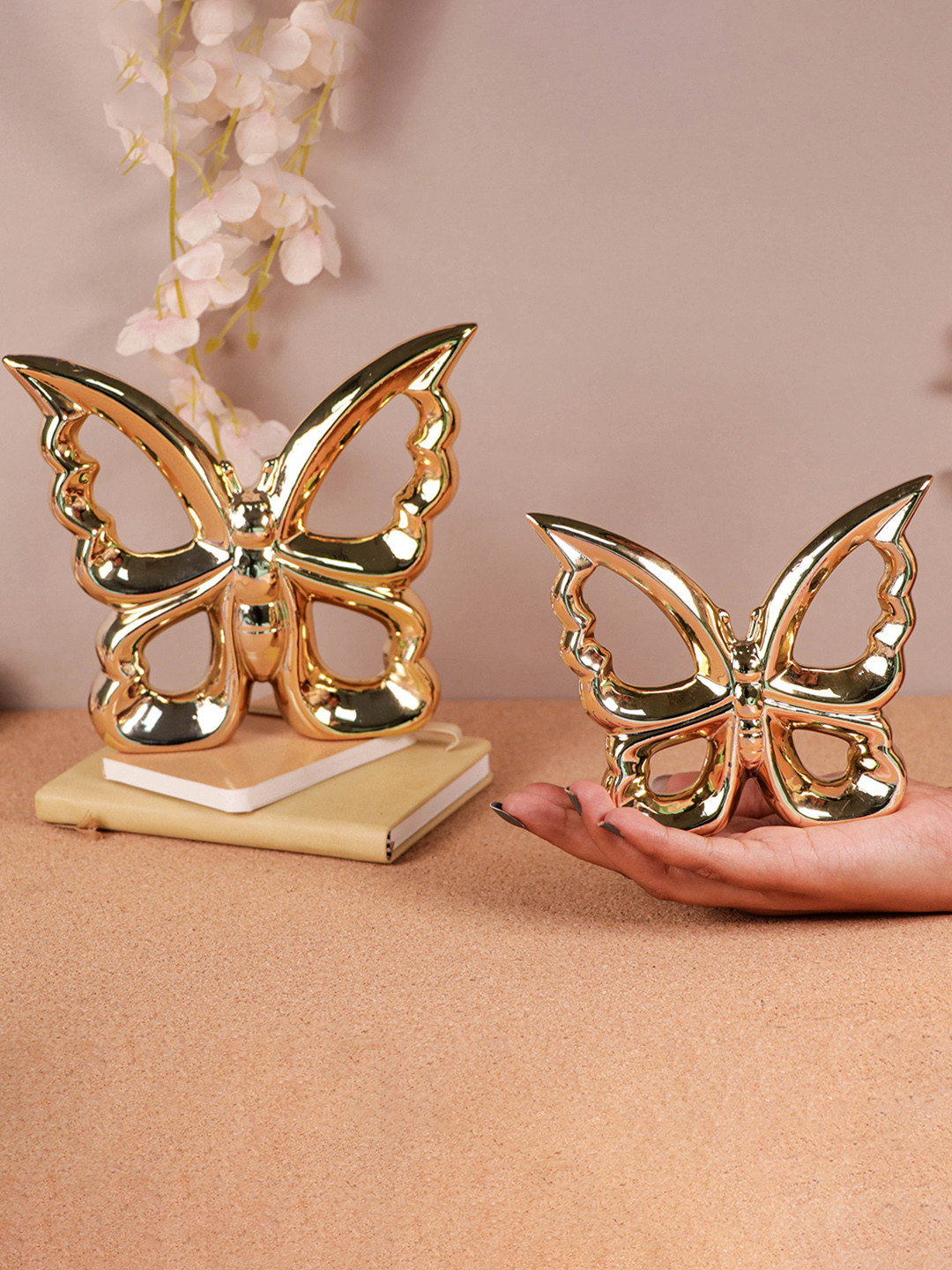 Art Street Butterfly Gold Ceramic Matte Living Room Durable Set of 2 Small Showpieces - 6 Inches