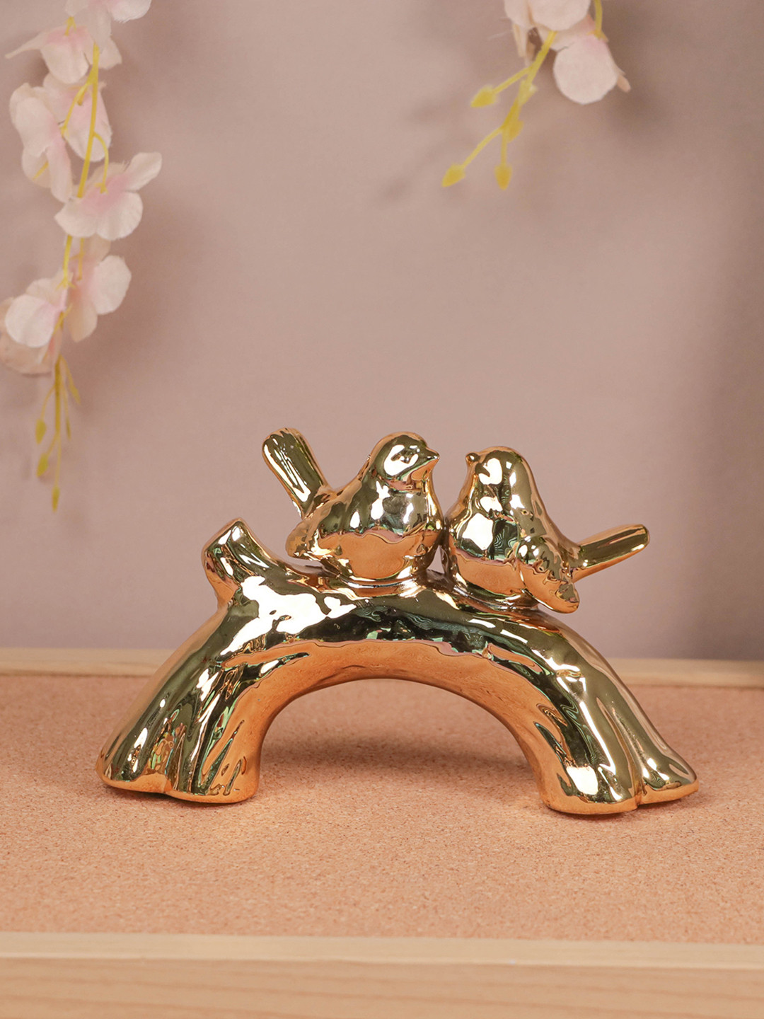 Art Street Birds Sitting on Tree Gold Ceramic Glossy Living Room Small Showpiece - 4.5 Inches