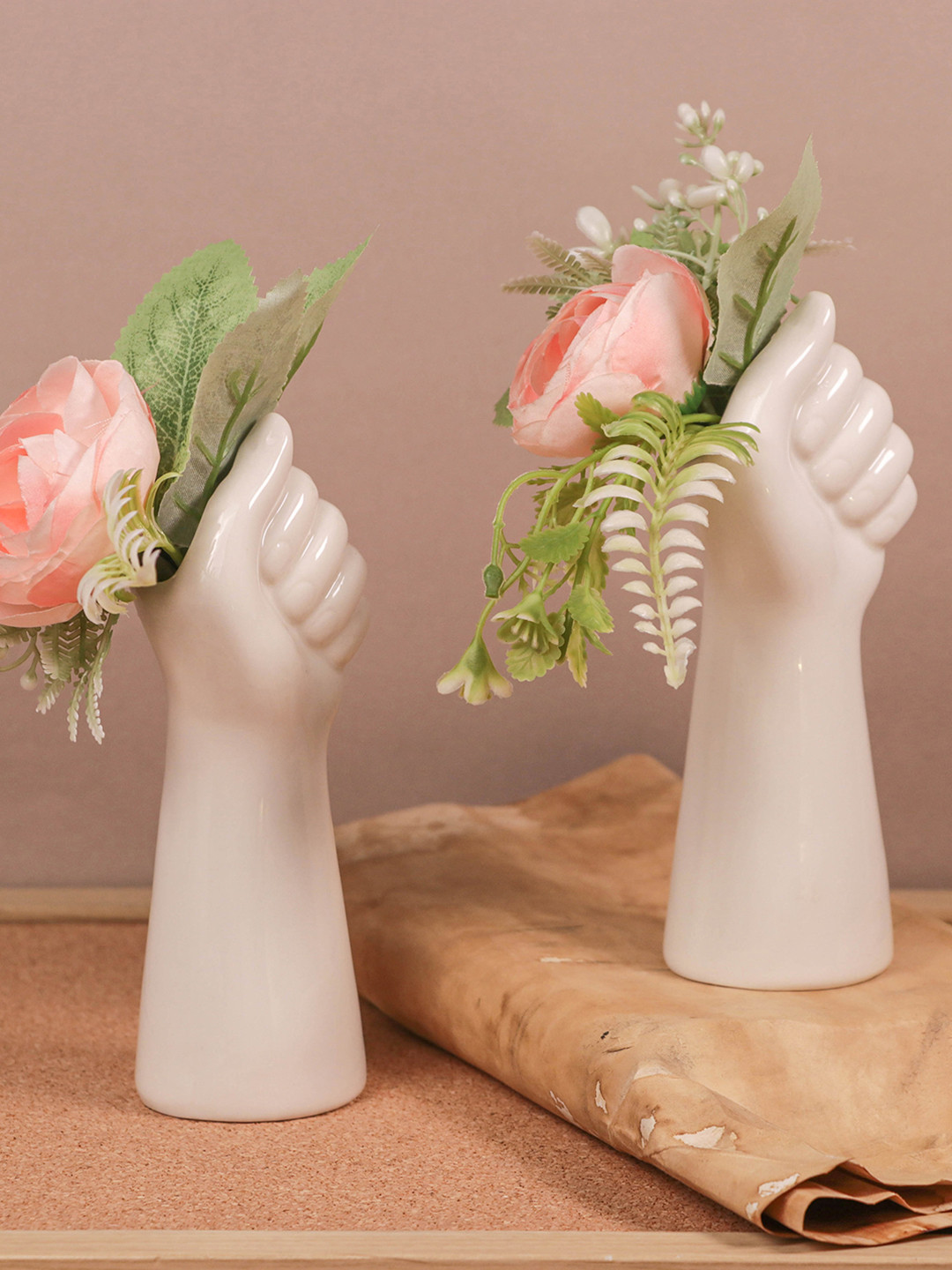 Art Street Hand Shape without Flower Vase White Ceramic Natural Living Room Set of 2 Small Showpieces - 6.5 Inches