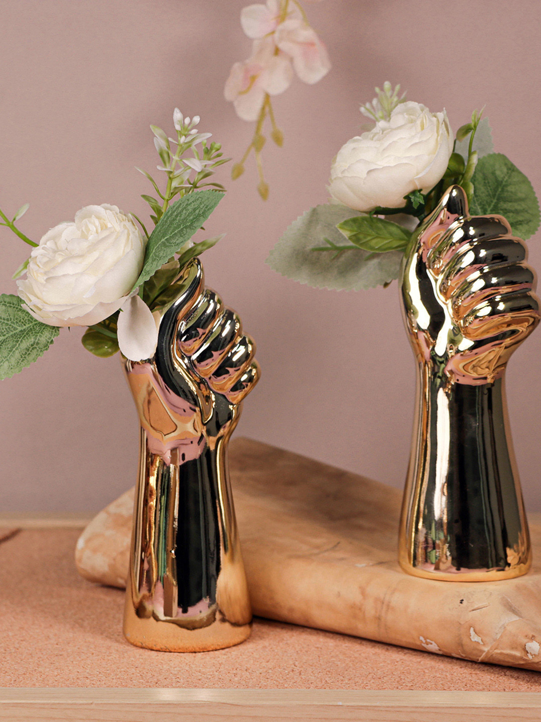 Art Street Hand Shape without Flower Vase Gold Ceramic Natural Living Room Set of 2 Small Showpieces - 6.5 Inches