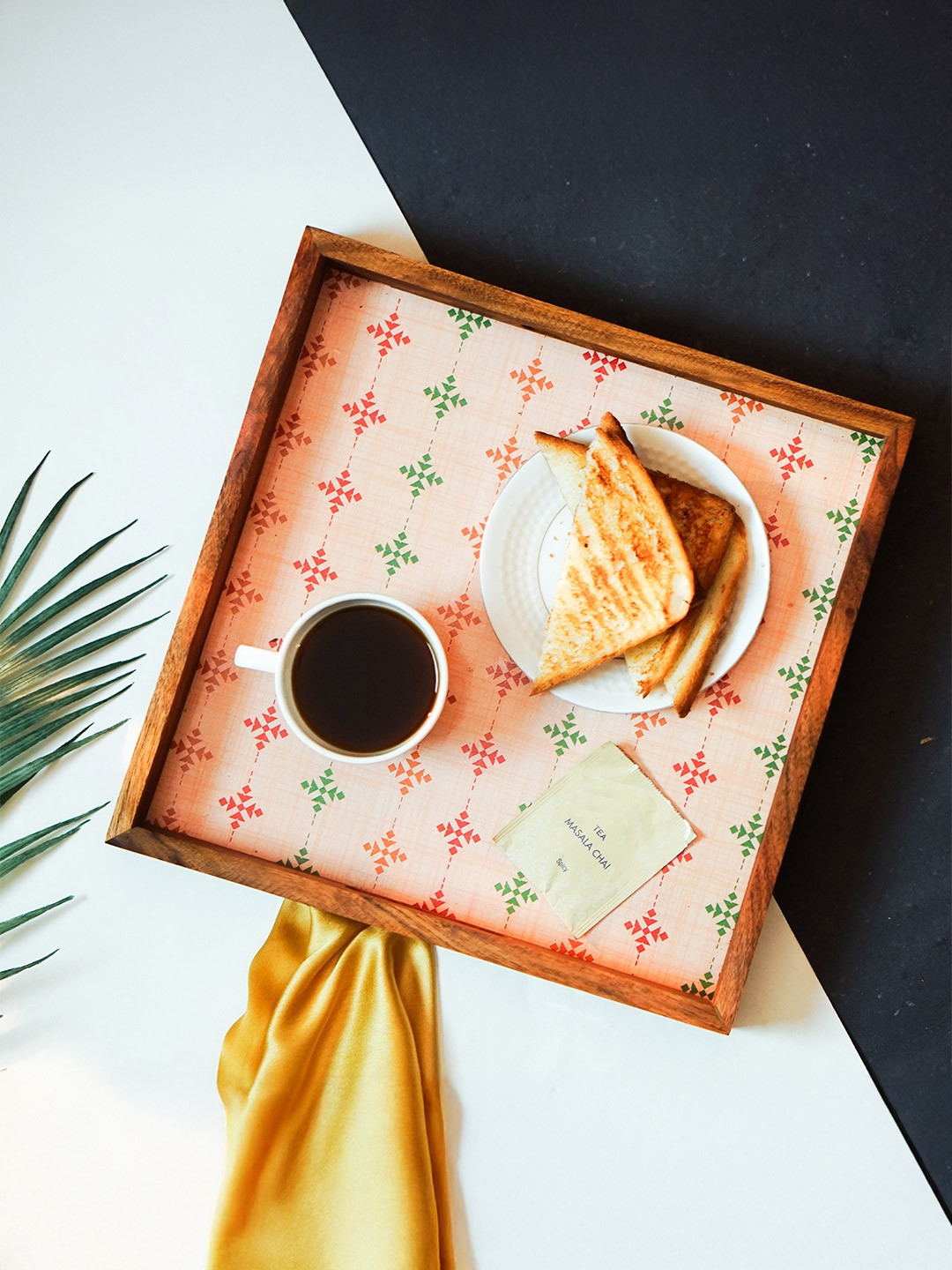 Sanjeev Kapoor by Oggn Turin Square White And Brown Printed Wooden Serving Tray