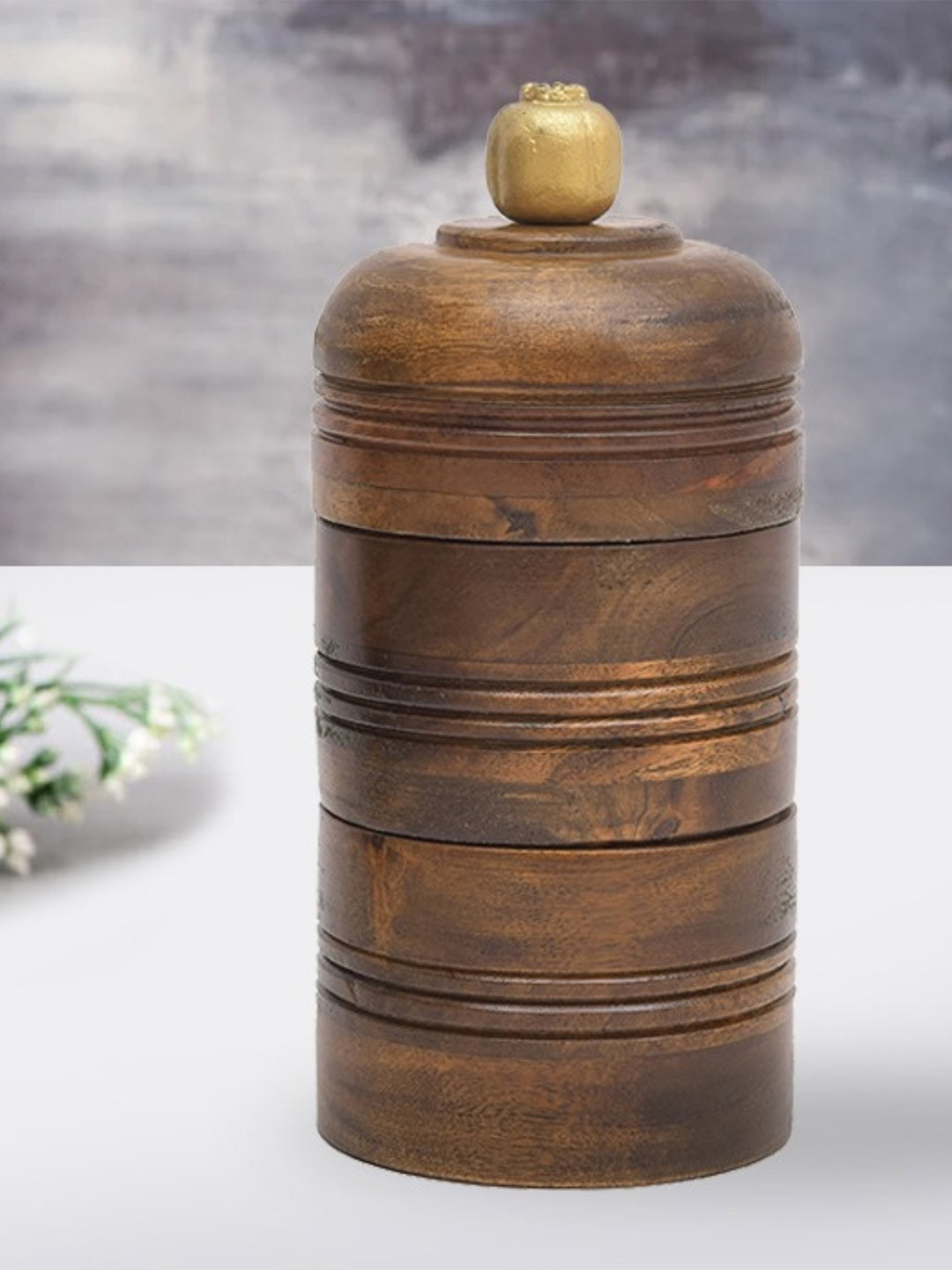 Oggn Sanjeev Kapoor Brown Striped Wood Easy To Clean Flip Top Jar