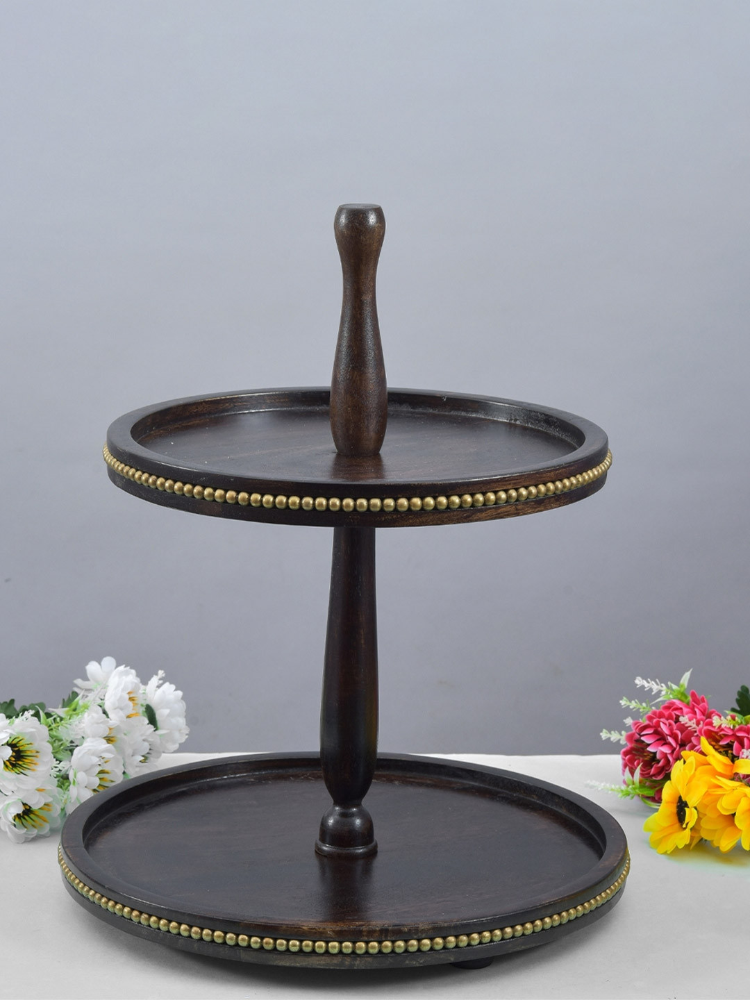 Sanjeev Kapoor by Oggn Brown & Gold-Toned Wooden Dot Two Tier Snack Server