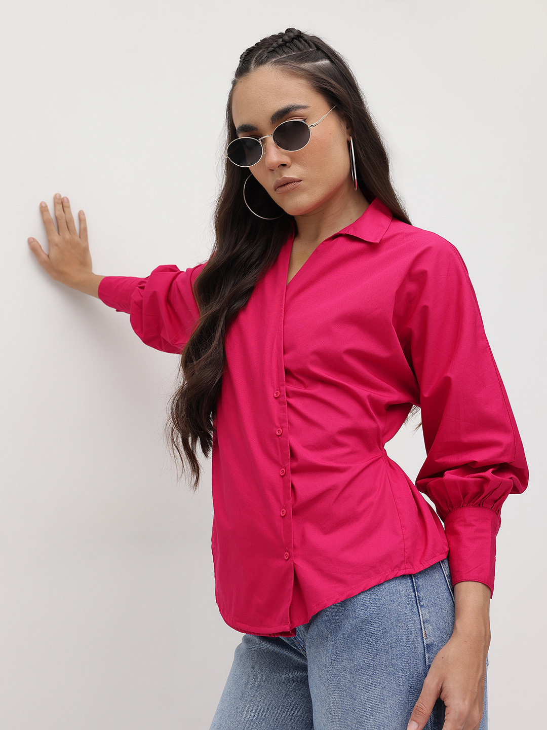 The Roadster Life Co. Pure Cotton Shirt Style Cinched Waist Top with Tie-Up Detail