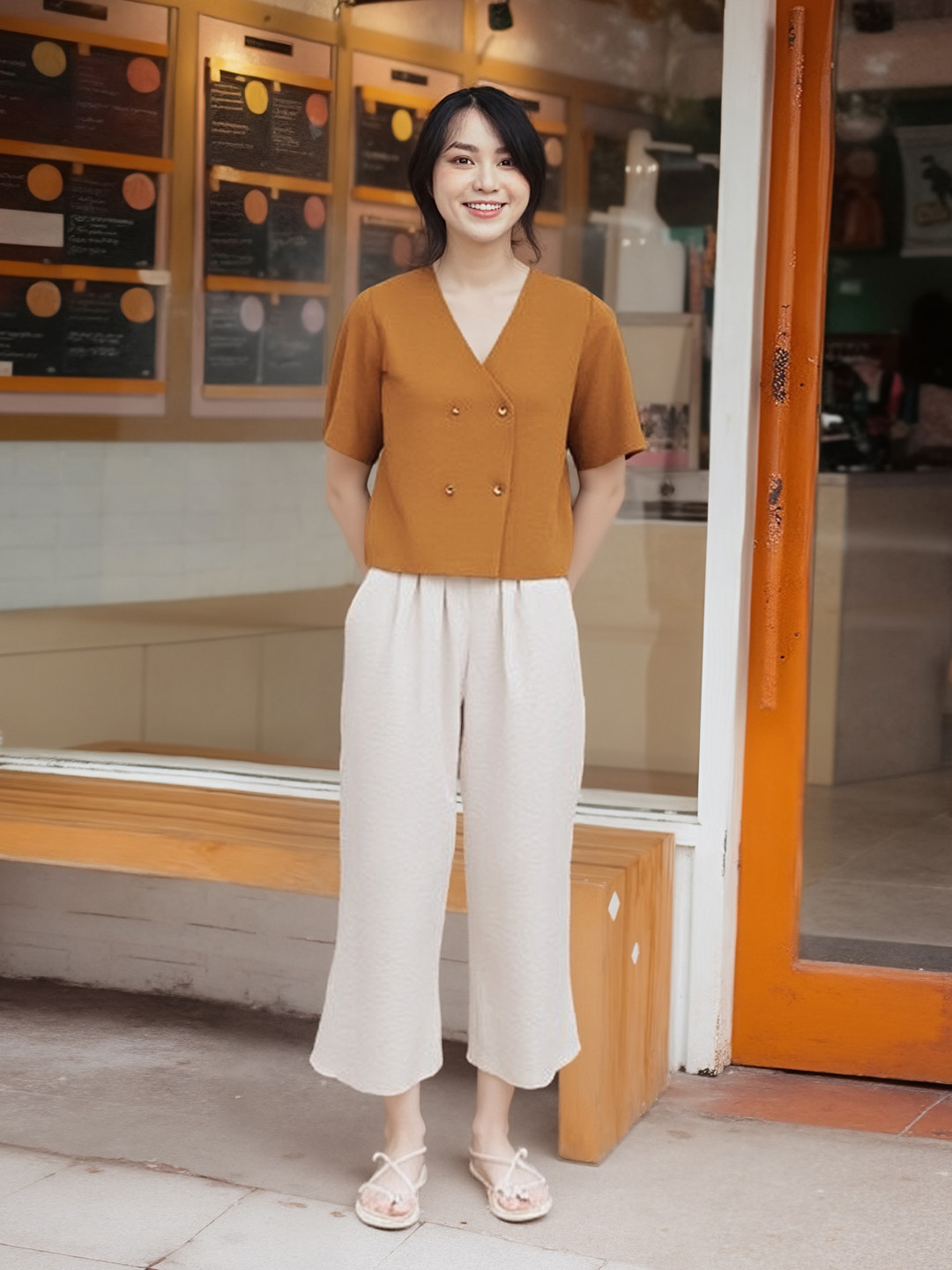 The Roadster Lifestyle Co V-Neck Double-Breasted Top