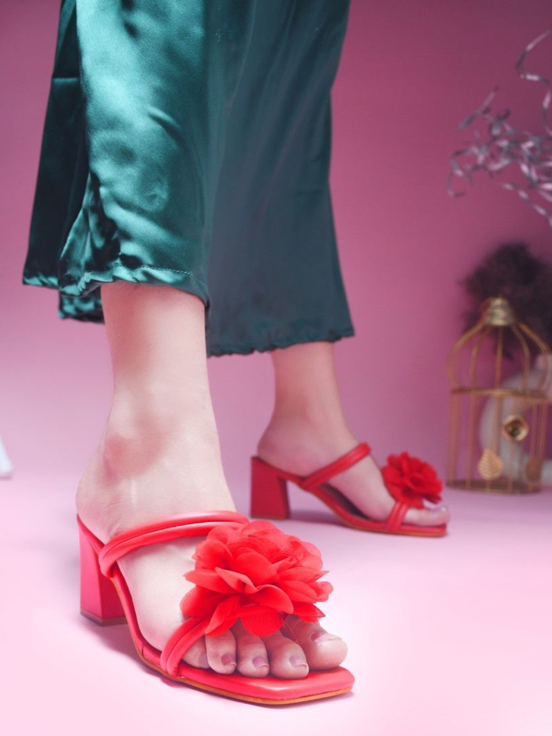 JM Looks Floral Block Embellished Square Toe Heels