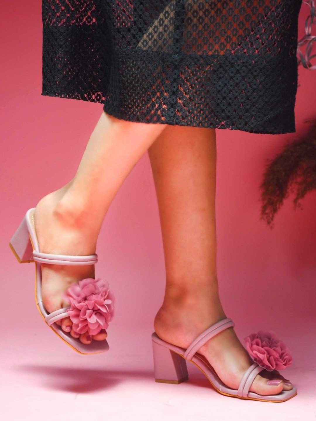 JM Looks Women Block Heel Slip-On Blossom Floral Two Strap Sandal