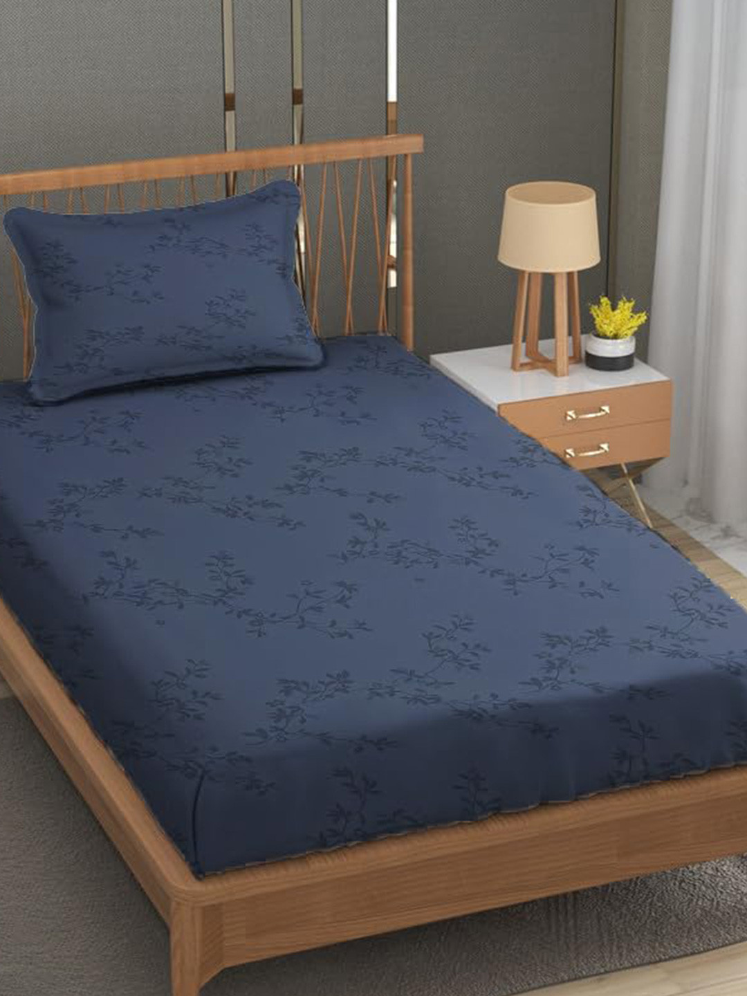 Trance Home Linen Egyptian Blue Floral Egyptian Cotton 300 TC Fitted Single Fine Bedsheet with a Pillow Cover-72 x 30 inches