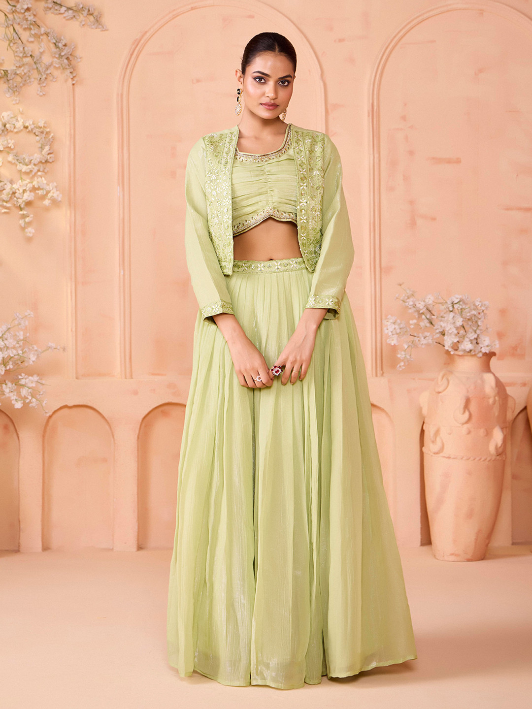 MADHURAM Embroidered Ready To Wear Lehenga With Choli & Koti