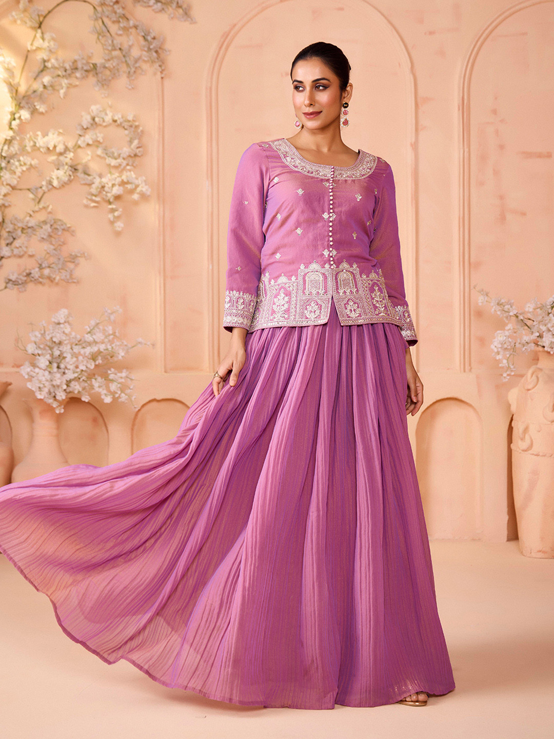 MADHURAM Floral Embroidered Silk Ready To Wear Lehenga & Choli