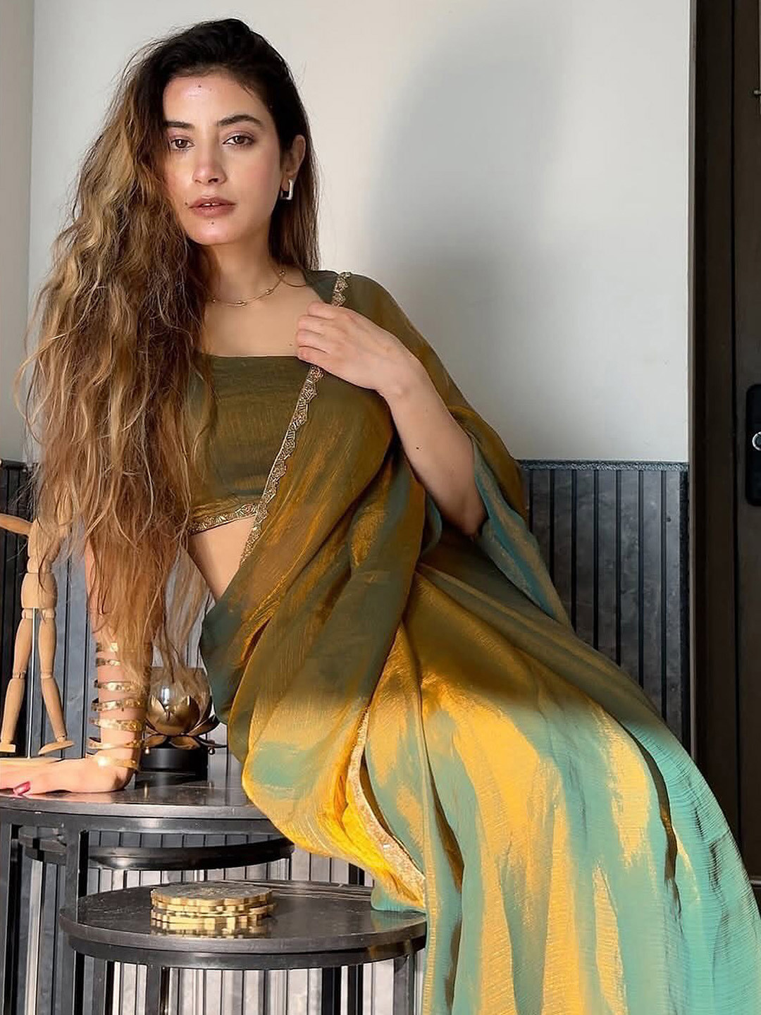 Saree mall Women  Beads and Stones Silk Blend Sarees Saree mall Bronze Embellished