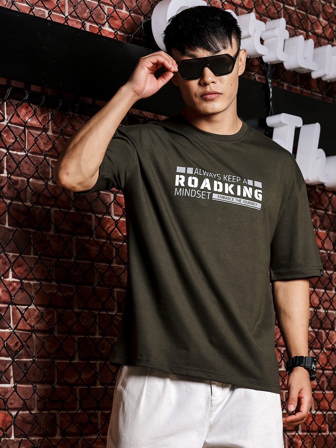 Roadking Typography Printed Round Neck Cotton Oversized T-shirt