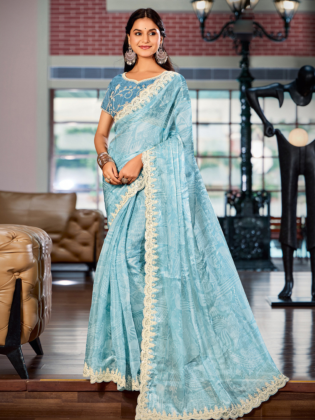 Sangria Printed Party Wear Saree With Matching Blouse