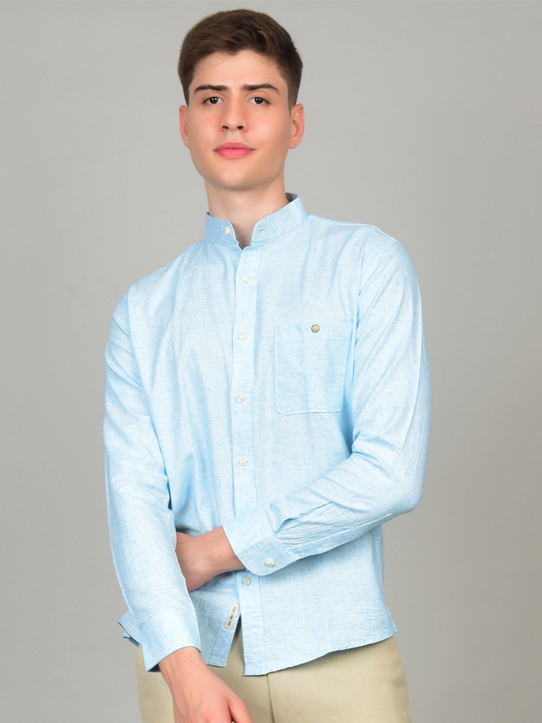 Heed Attentive Men Mandarin Collar Casual Linen Blend Shirt