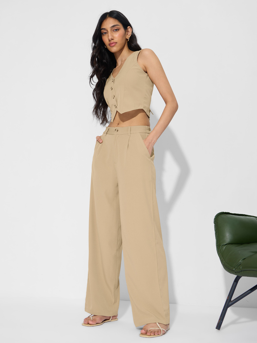 The Souled Store Women Solids Sapphire High-Rise Pleated Trousers