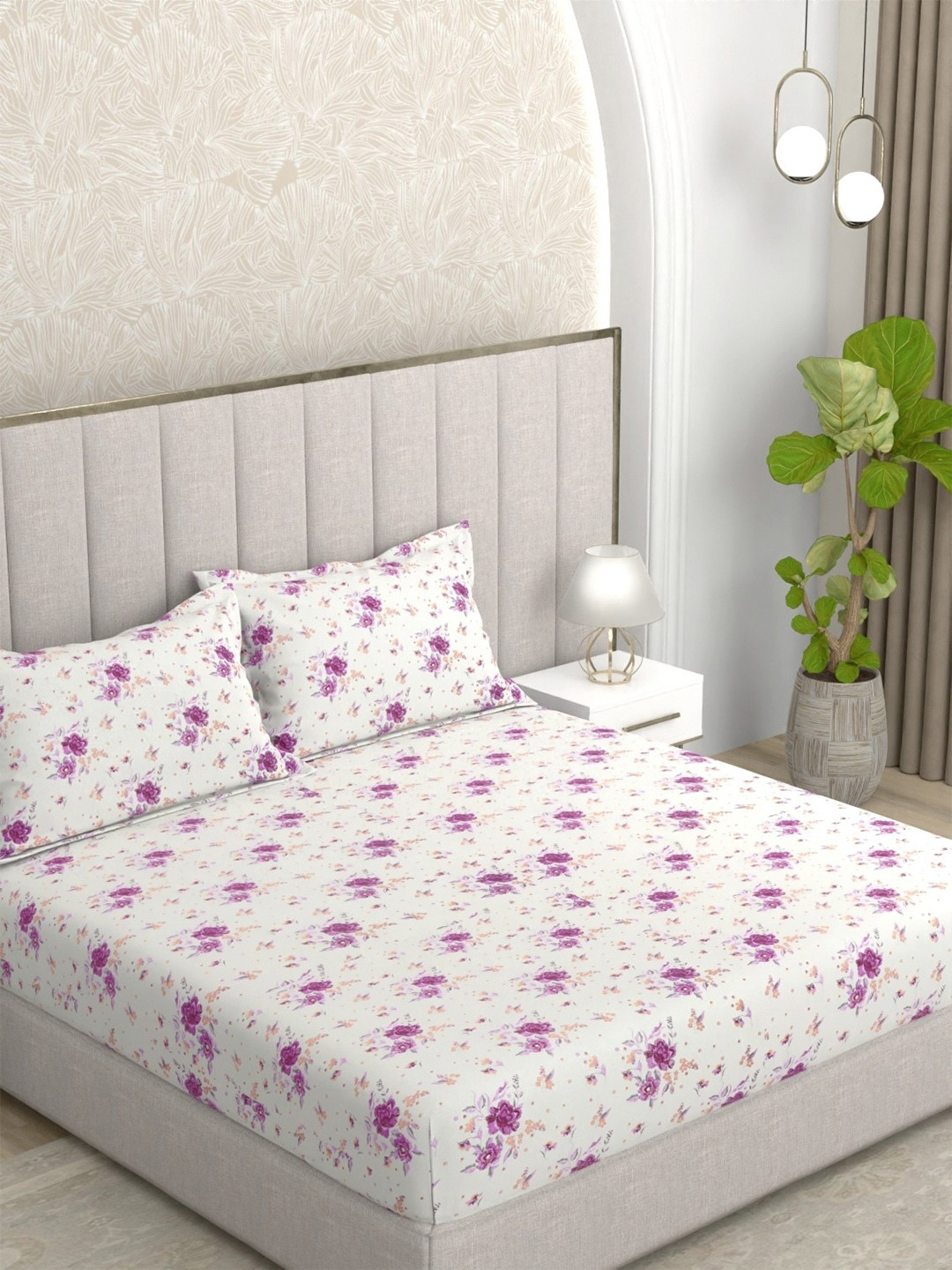 Pure Decor Velar Fur Sib Purple Floral Cotton 250 TC King Fine Bedsheet with 2 Pillow Covers-108 x 108 inches
