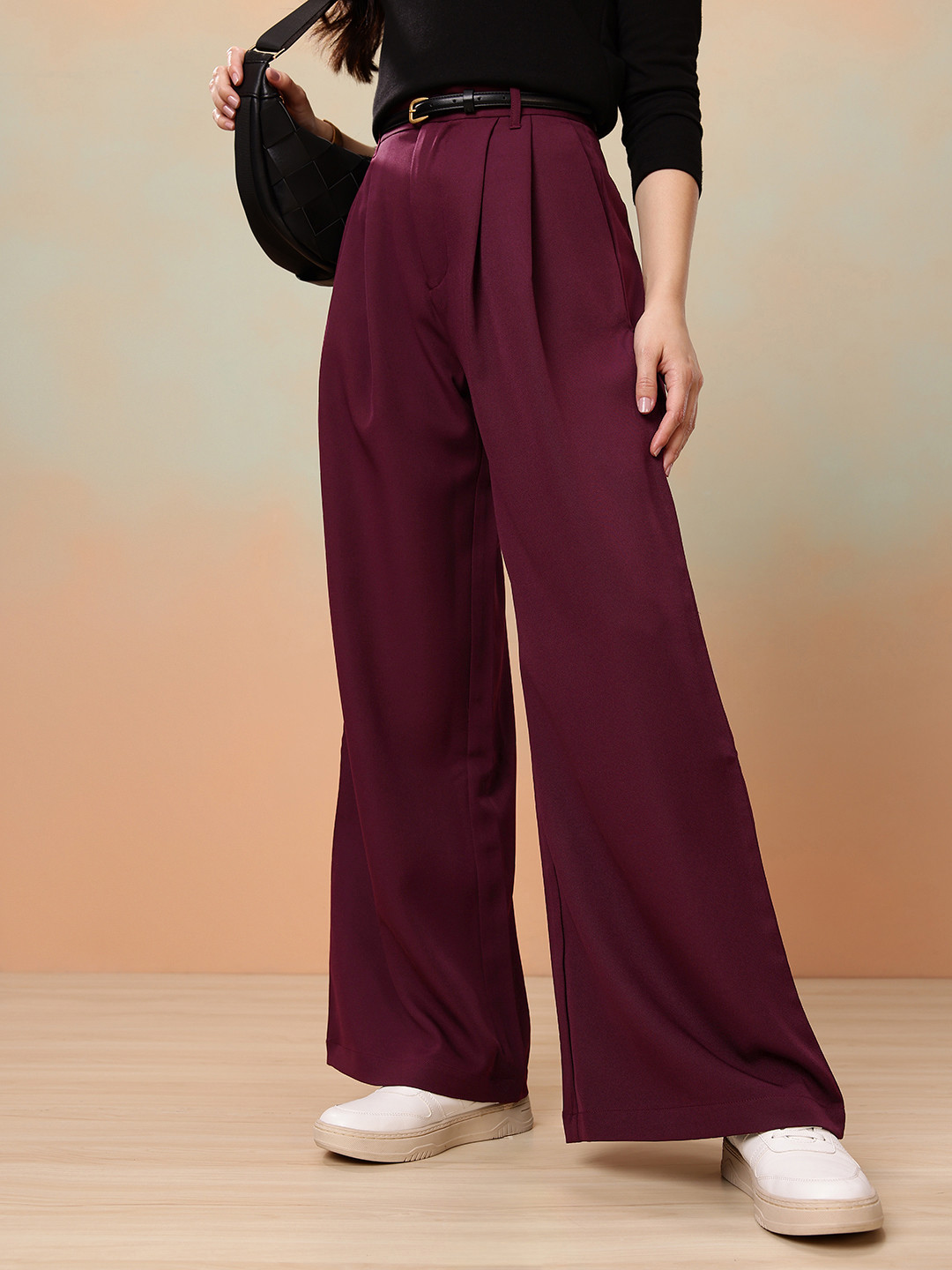 Mast & Harbour Women Wide Leg Pleated Korean Pants