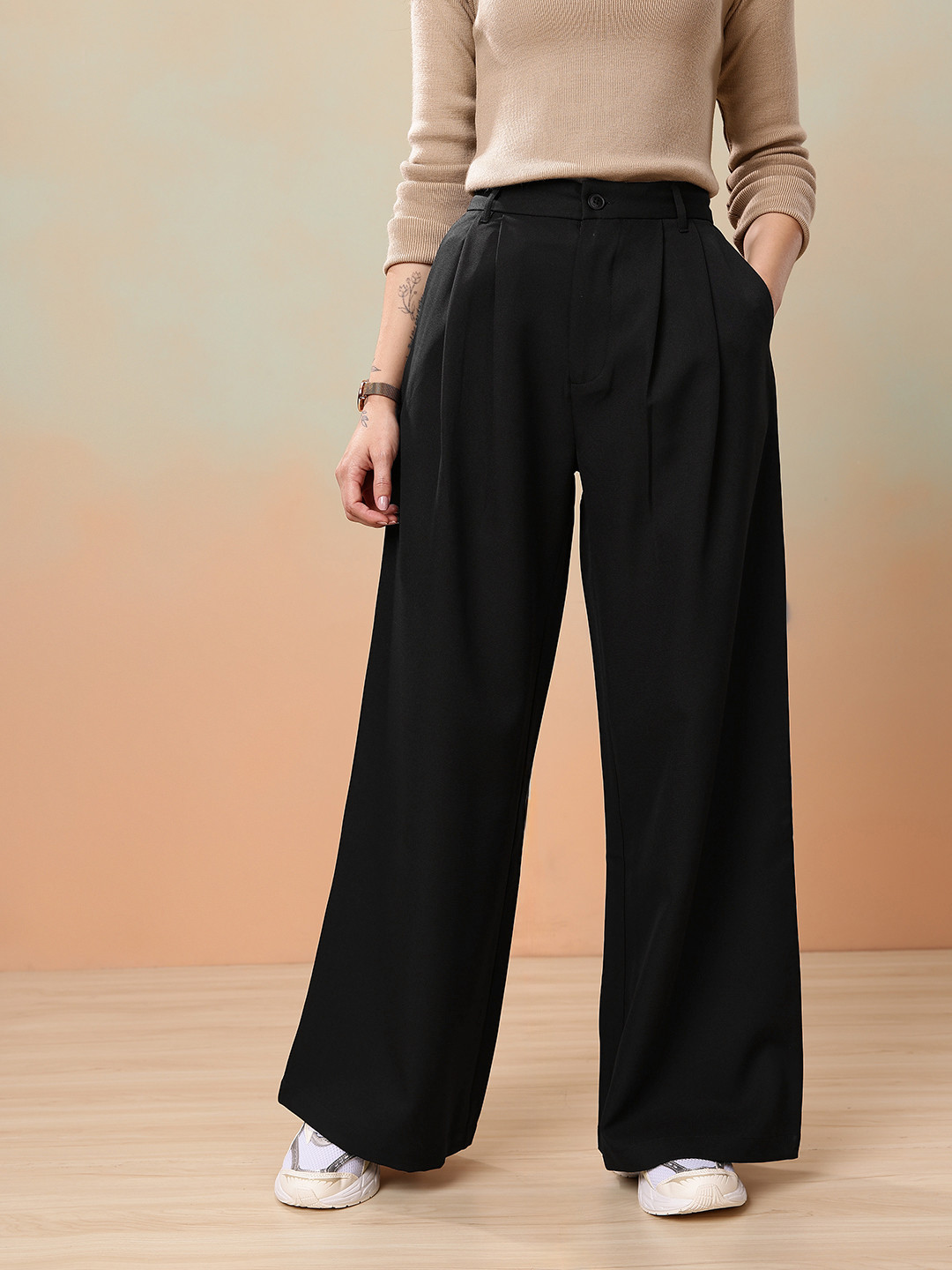Mast & Harbour Women Wide Leg Pleated Korean Pants