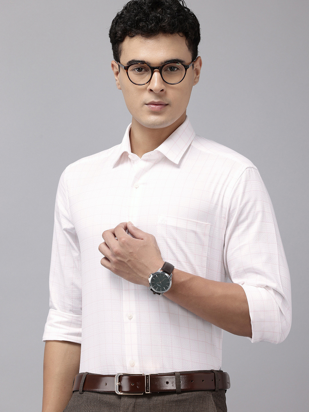 Arrow Pure Cotton Manhattan Slim Fit Grid Tattersall Checked Textured Formal Shirt