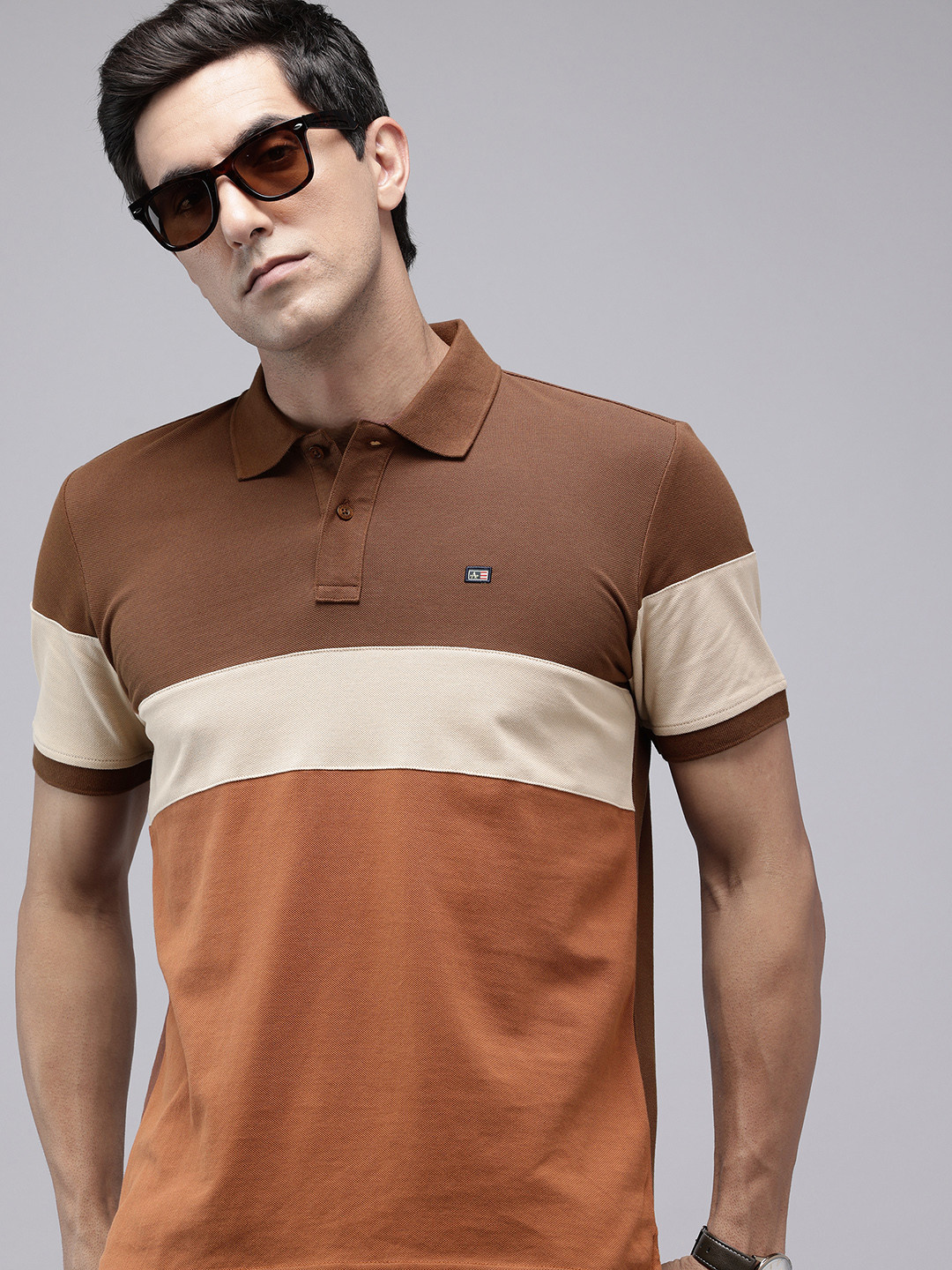 Arrow Sport Pure Cotton Polo Collar Colourblocked T-shirt