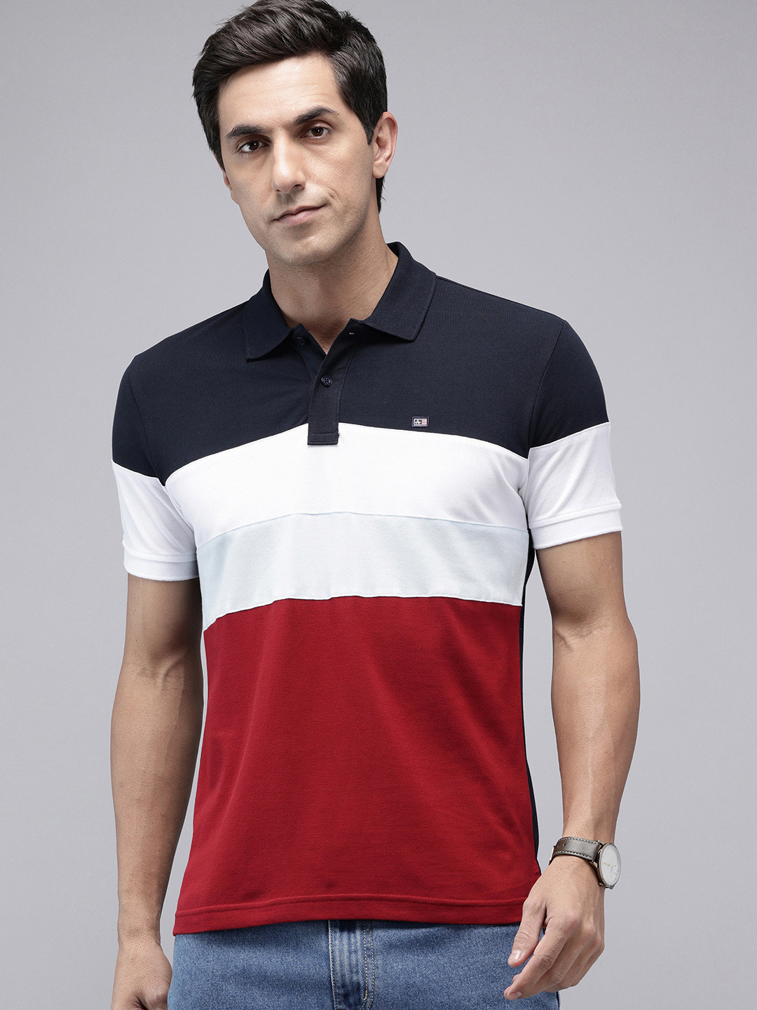Arrow Sport Colourblocked Polo Collar Pure Cotton T-shirt